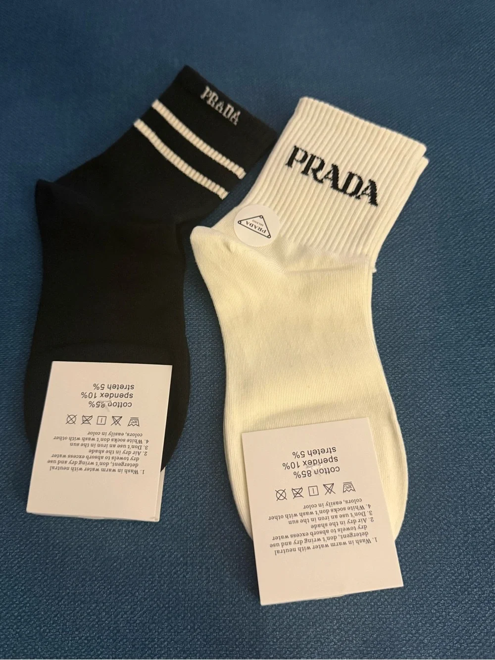 Prada Black & White Ribbed Logo Crew Socks 2Pairs size Small- Medium New